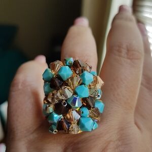 Swarovski Elements Large Turquoise Blue & Brown Cluster Statement Ring NWT